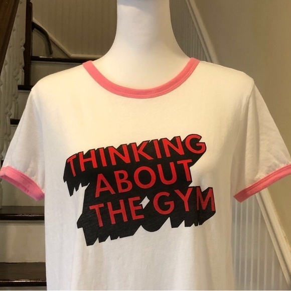 WILD FOX Pink Contrast Trim Thinking About Going To The Gym Slogan Tee Sz MD NWT - Picture 2 of 13